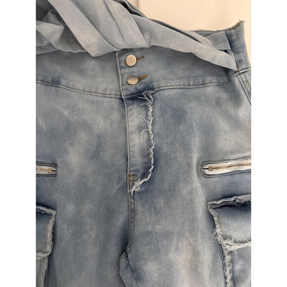 Y2K Cargo Jogger Jeans  L Light Wash Denim Utility Shirt Tie Waist Pockets Edgy - Picture 14 of 14